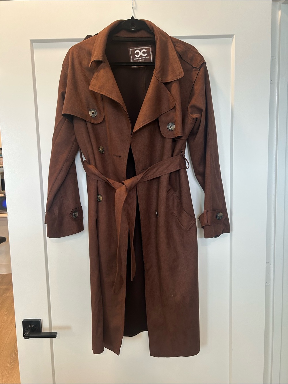 IC COLLECTION Brown Suede-Style Trench Coat with Belting